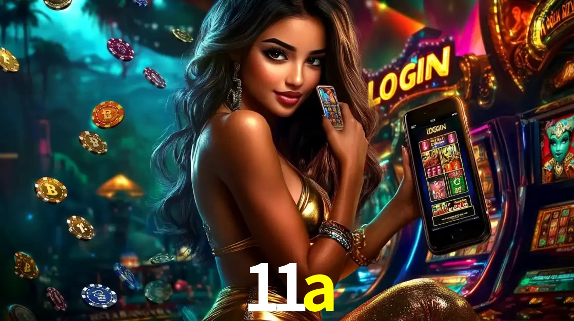 Mulher em um cenário de cassino temático de aventura, mostrando o app de caça-níqueis da 11a no celular. Fichas de apostas flutuam ao redor.