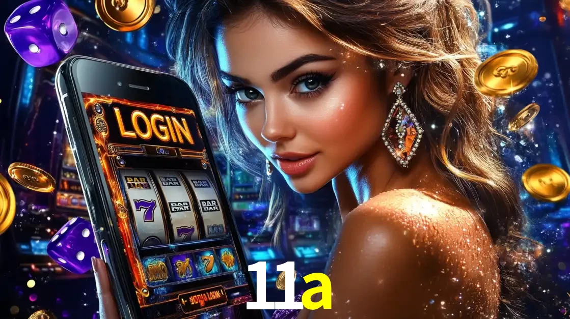 Mulher glamorosa segurando um smartphone com a tela de login para os jogos de caça-níqueis do cassino online 11a, com moedas de ouro e dados ao redor.