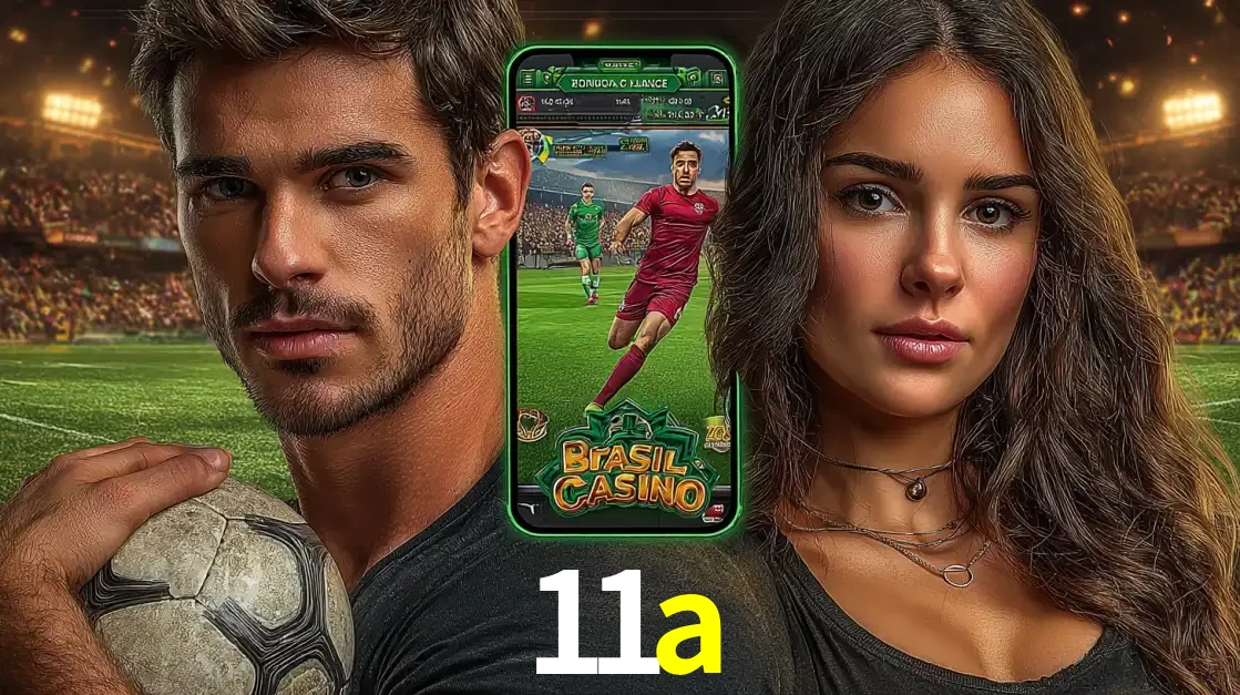 Homem segurando uma bola de futebol e uma mulher ao lado de um smartphone exibindo o jogo de apostas esportivas da 11a. Faça seu palpite no cassino online.